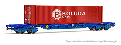 021-HE6045 - H0 - TRANSFESA, 4-achs. Containertragwagen MMC3, beladen mit einem 45’ Container „Boluda”, Ep. VI